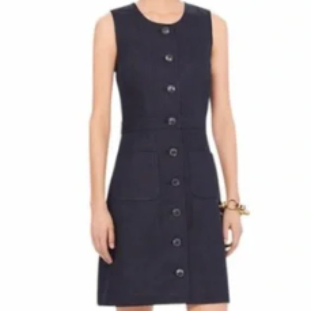 Tory Burch Linen Navy Sleeveless Button Front Shift Dress Size 4
